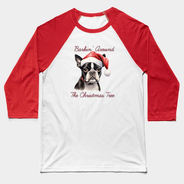 Christmas Boston Terrier Dog in Santa Hat Baseball T-Shirt by Pawsitive Curios